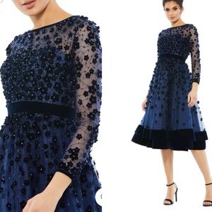 Mac Duggal Navy Blue Appliqué Midi Dress